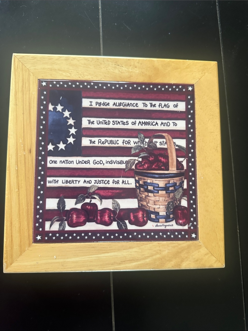 Patriotic Apple Basket Framed Tile - Red, Navy, Beige - Pledge of Allegiance BT7